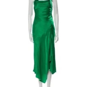 Alice + Olivia Dress Silk Midi Draped Emerald Green Asymmetric w Slit